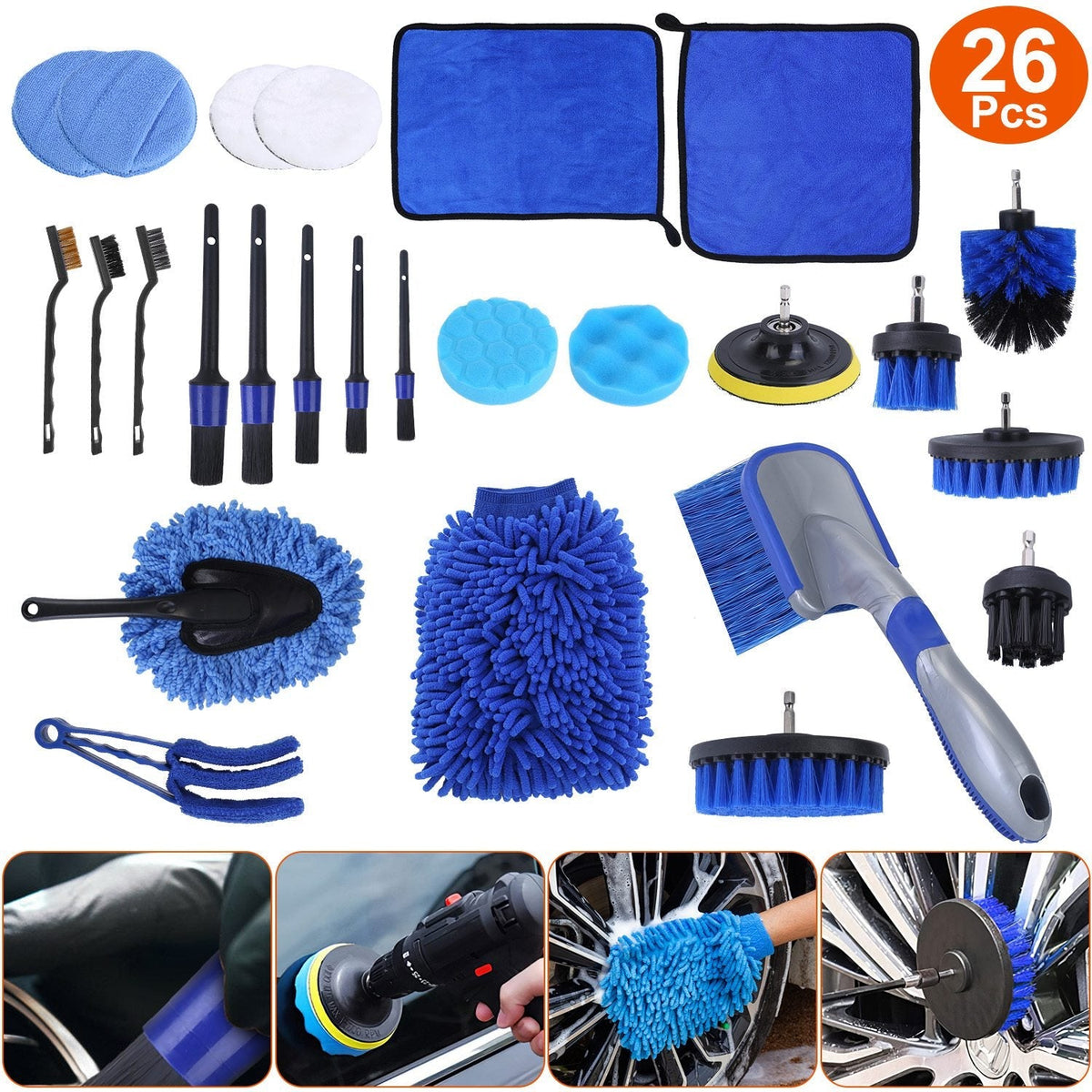 26Pcs Car Detailing Brush Kit Exterior Interior Car Cleaning Set Drill Brush Set Car Buffing Sponge Pads Kit for Cleaning Automobile Interior Exterior