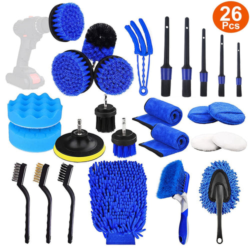 26Pcs Car Detailing Brush Kit Exterior Interior Car Cleaning Set Drill Brush Set Car Buffing Sponge Pads Kit for Cleaning Automobile Interior Exterior