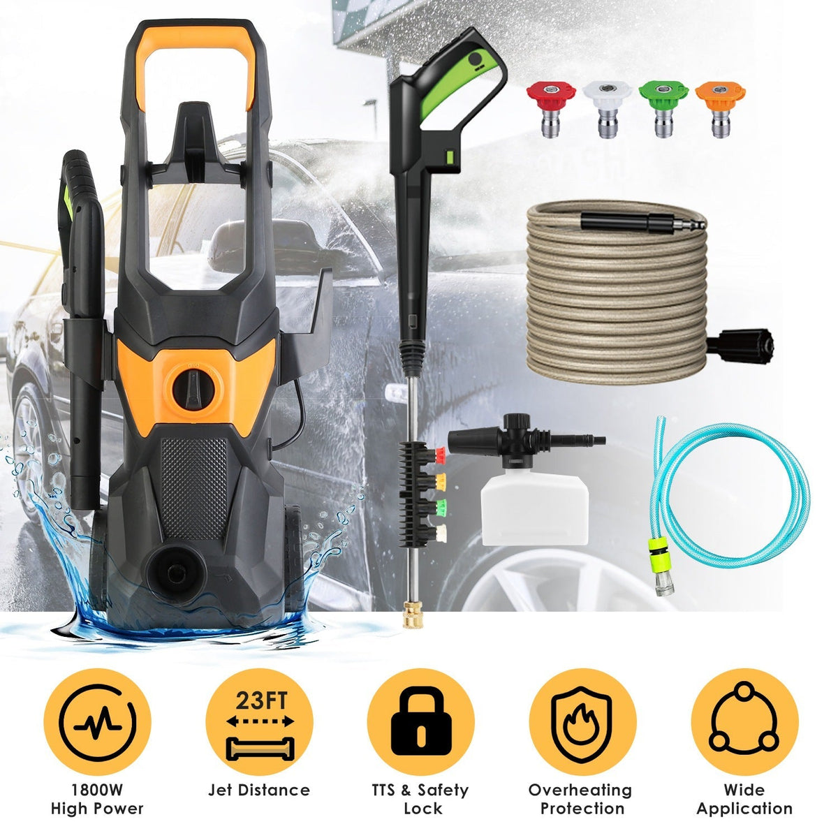 4200PSI 1.85GPM 1800W Electric Pressure Washer High Pressure Cleaning Machine Portable Car Power Washer with Spray Gun 4 Nozzles Foam Cannon Holders f